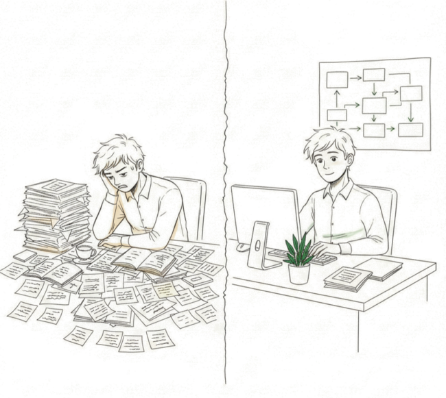 Vorher-Nachher-Szene Auftragsabwicklung optimieren – überlasteter Innendienst wird zu klarem, schlankem Prozess