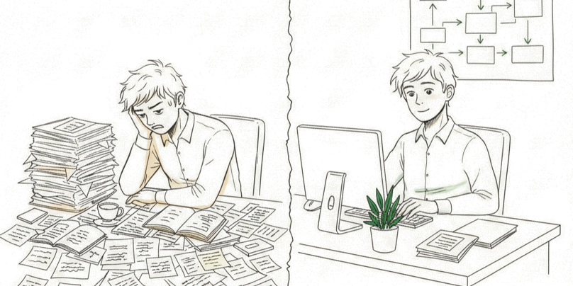 Vorher-Nachher-Szene Auftragsabwicklung optimieren – überlasteter Innendienst wird zu klarem, schlankem Prozess