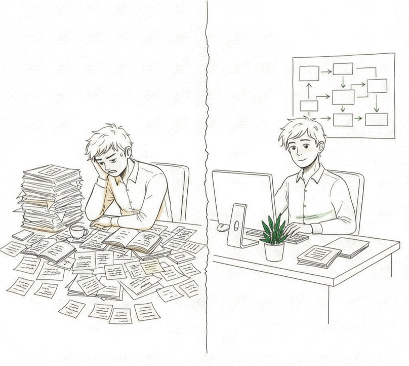 Vorher-Nachher-Szene Auftragsabwicklung optimieren – überlasteter Innendienst wird zu klarem, schlankem Prozess