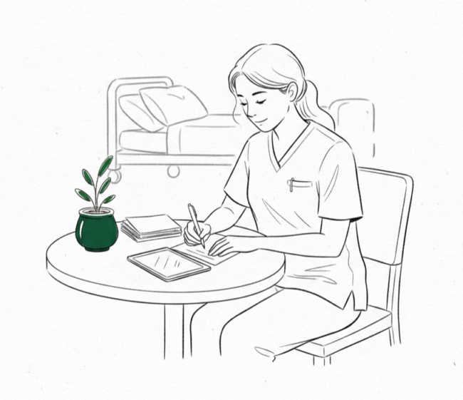 Pflegefachkraft zwischen Dokumentation und Pflege – Illustration Fachkräftemangel Pflege Digitalisierung Leanovation