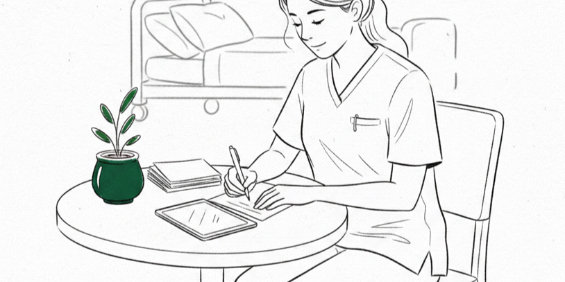 Pflegefachkraft zwischen Dokumentation und Pflege – Illustration Fachkräftemangel Pflege Digitalisierung Leanovation