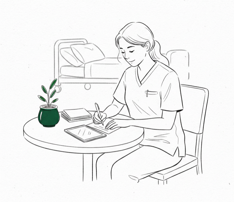 Pflegefachkraft zwischen Dokumentation und Pflege – Illustration Fachkräftemangel Pflege Digitalisierung Leanovation