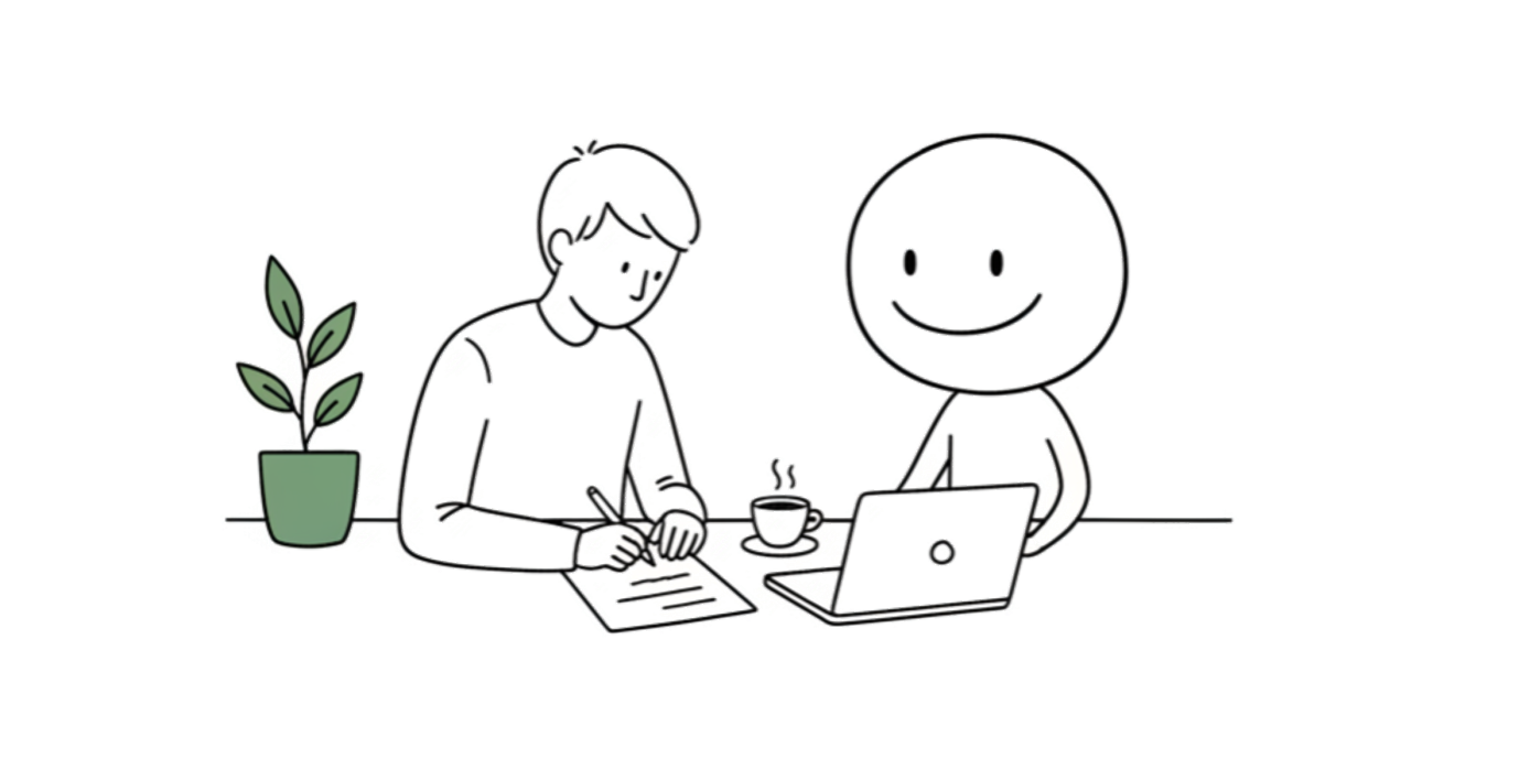 Führungskraft schreibt Jobbeschreibung für einen KI-Agenten im Unternehmen – Illustration Leanovation