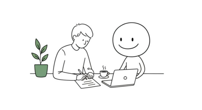 Führungskraft schreibt Jobbeschreibung für einen KI-Agenten im Unternehmen – Illustration Leanovation