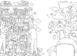 Chaotische Informationssuche im Unternehmen: Links durchsuchen ein Mann und eine Frau Ordner und Papierstapel, rechts sucht eine Person am Computer in einem digitalen Chaos aus Dateien, E-Mails und Cloud-Symbolen.