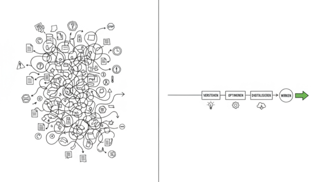 Prozessoptimierung vor Digitalisierung: links chaotischer Prozess mit Schleifen und Zetteln, rechts klarer 3–4-Schritte-Prozess mit gruenem Haken als Akzent.