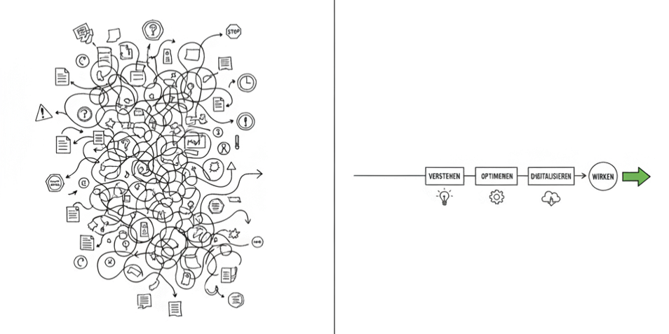 Prozessoptimierung vor Digitalisierung Prozessoptimierung vor Digitalisierung: links chaotischer Prozess mit Schleifen und Zetteln, rechts klarer 3–4-Schritte-Prozess mit gruenem Haken als Akzent.