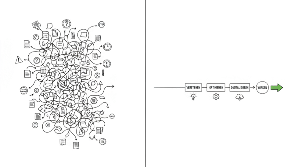 Prozessoptimierung vor Digitalisierung: links chaotischer Prozess mit Schleifen und Zetteln, rechts klarer 3–4-Schritte-Prozess mit gruenem Haken als Akzent.