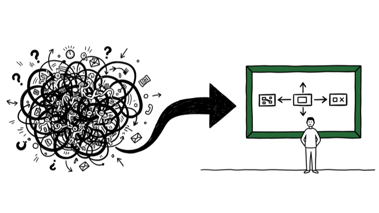 Chaos wird durch Visualisierung zu Klarheit – Illustration Visualisierung im Lean Management, Leanovation