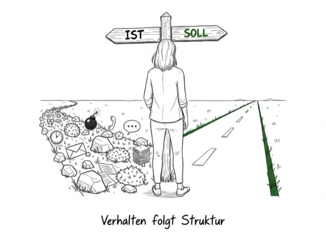 Führungskraft im Change Management an der Weggabelung IST und SOLL – Illustration Verhalten folgt Struktur, Leanovation