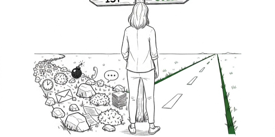 Führungskraft im Change Management an der Weggabelung IST und SOLL – Illustration Verhalten folgt Struktur, Leanovation