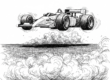 Handgezeichnete schwarz-weisse Illustration eines Formel-1-Wagens, dessen Räder mit voller Kraft durchdrehen und Rauch erzeugen – das Auto bewegt sich keinen Zentimeter vorwärts. Metapher für Energie ohne Wirkung.