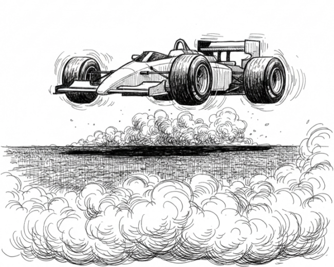 Handgezeichnete schwarz-weisse Illustration eines Formel-1-Wagens, dessen Räder mit voller Kraft durchdrehen und Rauch erzeugen – das Auto bewegt sich keinen Zentimeter vorwärts. Metapher für Energie ohne Wirkung.