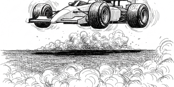 Alle geben Vollgas Handgezeichnete schwarz-weisse Illustration eines Formel-1-Wagens, dessen Räder mit voller Kraft durchdrehen und Rauch erzeugen – das Auto bewegt sich keinen Zentimeter vorwärts. Metapher für Energie ohne Wirkung.