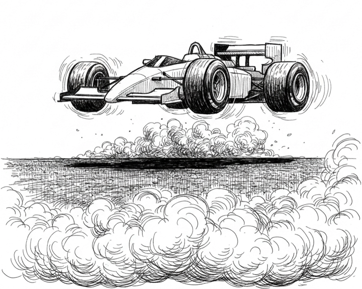 Handgezeichnete schwarz-weisse Illustration eines Formel-1-Wagens, dessen Räder mit voller Kraft durchdrehen und Rauch erzeugen – das Auto bewegt sich keinen Zentimeter vorwärts. Metapher für Energie ohne Wirkung.