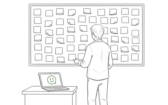 KI-Adoption im Unternehmen – Person vor Whiteboard mit Post-its und KI-Chatbot auf Laptop-Bildschirm