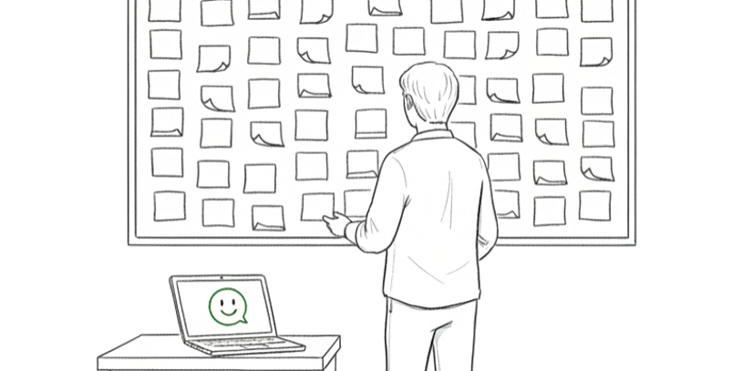 KI-Adoption im Unternehmen – Person vor Whiteboard mit Post-its und KI-Chatbot auf Laptop-Bildschirm