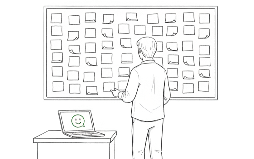 KI-Adoption im Unternehmen – Person vor Whiteboard mit Post-its und KI-Chatbot auf Laptop-Bildschirm