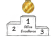 Handgezeichnetes Siegerpodest mit den Plätzen 1, 2 und 3 – über Platz 1 hängt eine Goldmedaille mit grünem Band. Auf dem Podest steht in Handschrift: «Office Excellence».
