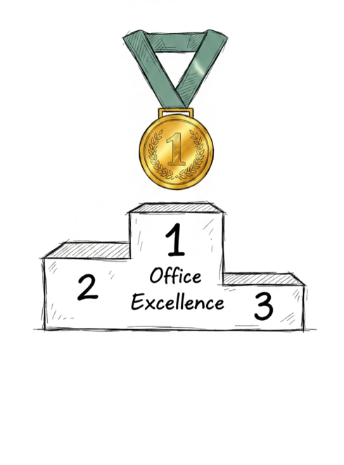 Handgezeichnetes Siegerpodest mit den Plätzen 1, 2 und 3 – über Platz 1 hängt eine Goldmedaille mit grünem Band. Auf dem Podest steht in Handschrift: «Office Excellence».