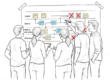 Handgezeichnete Illustration einer Gruppe von vier Personen – zwei Frauen und drei Männer unterschiedlichen Alters – die gemeinsam einen Prozessfluss auf einem grossen Papier an der Wand analysieren. Das Papier zeigt ein Swim-Lane-Diagramm mit Post-its und Pfeilen. Einzelne Post-its sind rot durchgestrichen – Symbol für eliminierte Verschwendung. Lean Administration Workshop bei Leanovation.