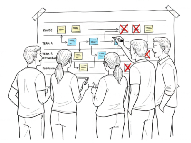 Handgezeichnete Illustration einer Gruppe von vier Personen – zwei Frauen und drei Männer unterschiedlichen Alters – die gemeinsam einen Prozessfluss auf einem grossen Papier an der Wand analysieren. Das Papier zeigt ein Swim-Lane-Diagramm mit Post-its und Pfeilen. Einzelne Post-its sind rot durchgestrichen – Symbol für eliminierte Verschwendung. Lean Administration Workshop bei Leanovation.