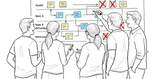 Wertsromanalyse Handgezeichnete Illustration einer Gruppe von vier Personen – zwei Frauen und drei Männer unterschiedlichen Alters – die gemeinsam einen Prozessfluss auf einem grossen Papier an der Wand analysieren. Das Papier zeigt ein Swim-Lane-Diagramm mit Post-its und Pfeilen. Einzelne Post-its sind rot durchgestrichen – Symbol für eliminierte Verschwendung. Lean Administration Workshop bei Leanovation.