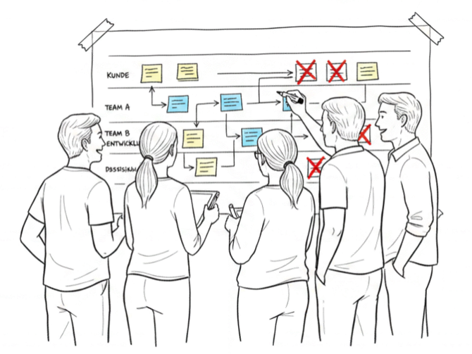 Handgezeichnete Illustration einer Gruppe von vier Personen – zwei Frauen und drei Männer unterschiedlichen Alters – die gemeinsam einen Prozessfluss auf einem grossen Papier an der Wand analysieren. Das Papier zeigt ein Swim-Lane-Diagramm mit Post-its und Pfeilen. Einzelne Post-its sind rot durchgestrichen – Symbol für eliminierte Verschwendung. Lean Administration Workshop bei Leanovation.