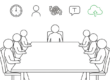 Geschäftsleitungsgremium mit 7 Personen am Konferenztisch – handgezeichnete Illustration im Leanovation-Stil mit Symbolen für Zeit, Mensch, Komplexität, Kommunikation und digitale Transformation.