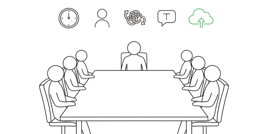 organisationsentwicklung-geschaeftsleitung-ueberzeugen Geschäftsleitungsgremium mit 7 Personen am Konferenztisch – handgezeichnete Illustration im Leanovation-Stil mit Symbolen für Zeit, Mensch, Komplexität, Kommunikation und digitale Transformation.