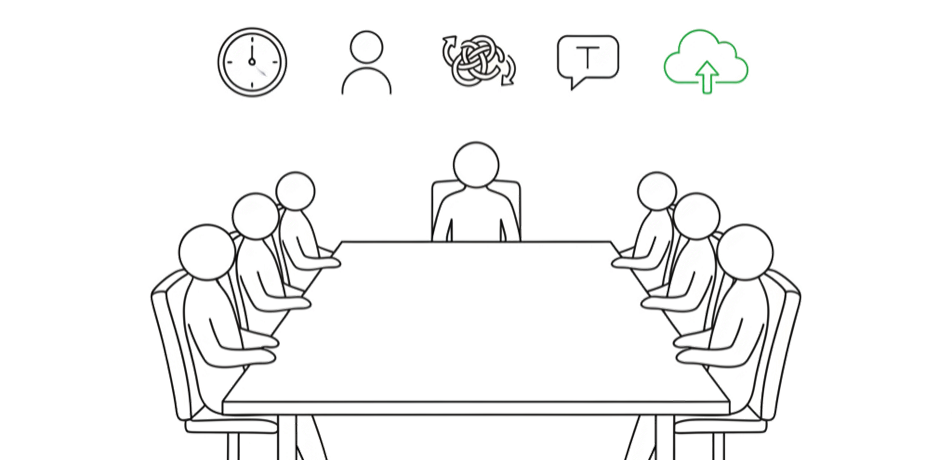 Geschäftsleitungsgremium mit 7 Personen am Konferenztisch – handgezeichnete Illustration im Leanovation-Stil mit Symbolen für Zeit, Mensch, Komplexität, Kommunikation und digitale Transformation.
